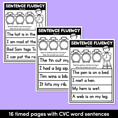 Resource preview 2 for Kindergarten Reading Fluency CVC Word Sentences - Short Vowel Word Families