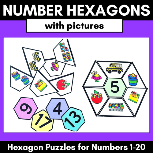 Resource preview 1 for Number Hexagons 1-20 - Kindergarten Maths Puzzle with number pictures