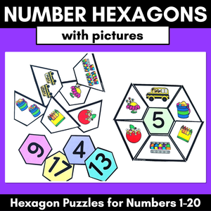 Number Hexagons 1-20 - Kindergarten Maths Puzzle with number pictures