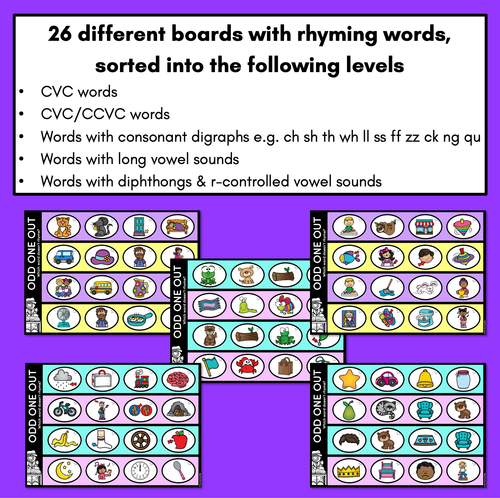 Resource preview 4 for Odd One Out Rhyme Mats - Phonological Awareness Task Cards for RHYMING