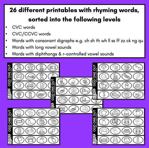 Resource preview 2 for Odd One Out Rhyme Worksheets - Phonological Awareness Printables for RHYMING