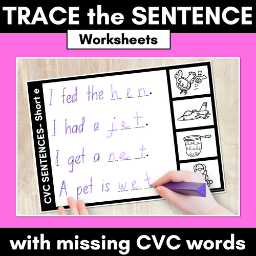 Resource preview 1 for CVC WORD SENTENCES WORKSHEETS - Trace the Sentence with missing CVC words