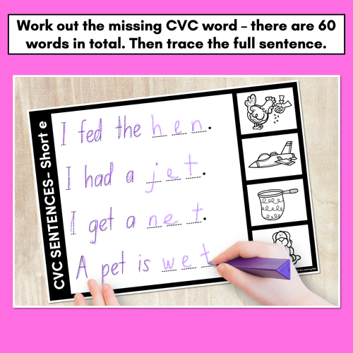 Resource preview 4 for CVC WORD SENTENCES WORKSHEETS - Trace the Sentence with missing CVC words