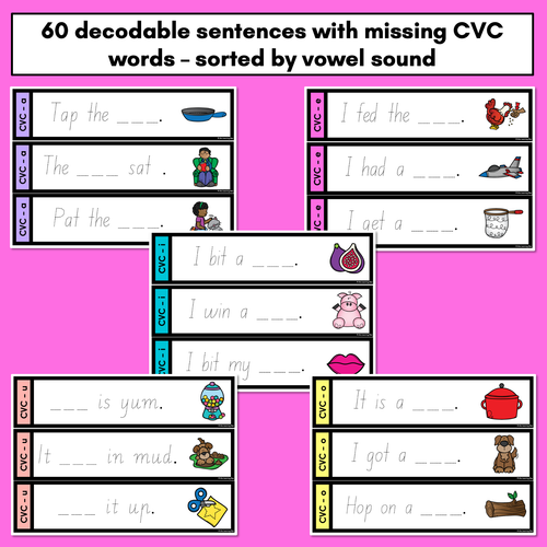 Resource preview 2 for CVC WORD SENTENCES TASK CARDS - Trace the Sentence with missing CVC words