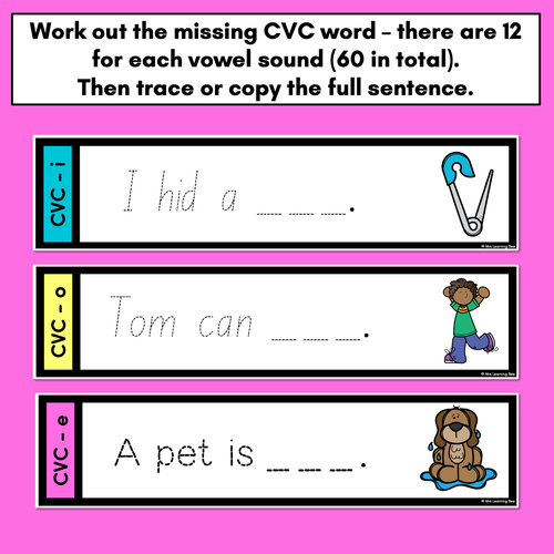 Resource preview 4 for CVC WORD SENTENCES TASK CARDS - Trace the Sentence with missing CVC words