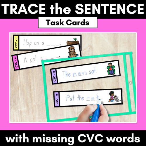 Resource preview 1 for CVC WORD SENTENCES TASK CARDS - Trace the Sentence with missing CVC words