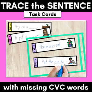 CVC WORD SENTENCES TASK CARDS - Trace the Sentence with missing CVC words