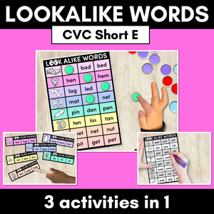 LOOKALIKE WORDS with CVC Words - Short E CVC Words - Task Cards & Printables