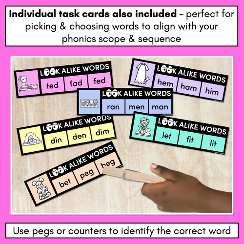 Resource preview 3 for LOOKALIKE WORDS with CVC Words - Short E CVC Words - Task Cards & Printables