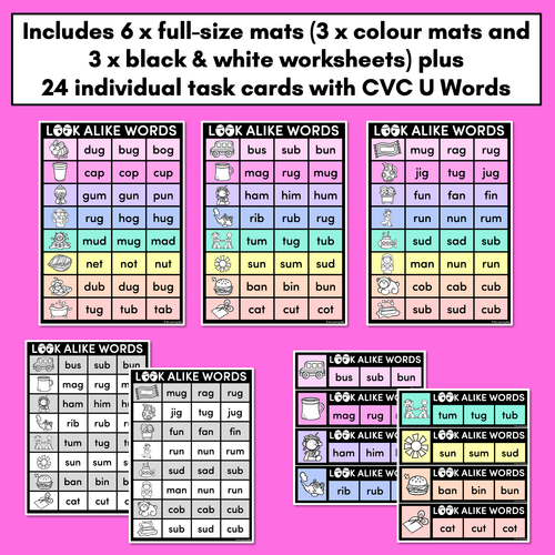 Resource preview 4 for LOOKALIKE WORDS with CVC Words - Short U CVC Words - Task Cards & Printables