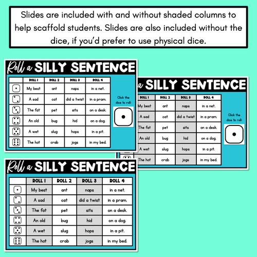 Resource preview 4 for Decodable Sentences with CVC CVCC CCVC Words - DIGITAL Roll a Silly Sentence