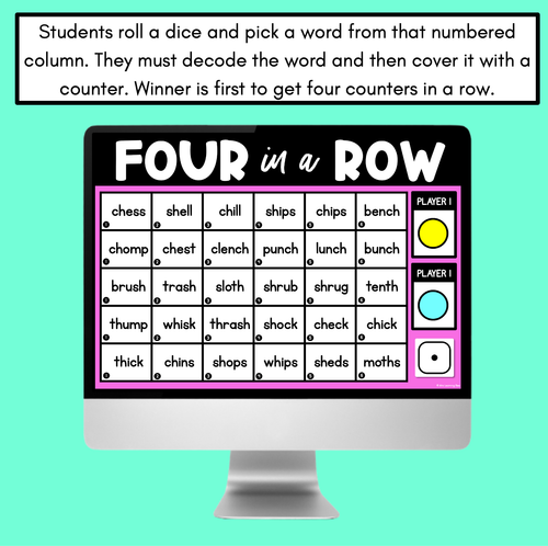 Resource preview 4 for Consonant Digraph Words DIGITAL Phonics Game - Four in A Row Decodable Words