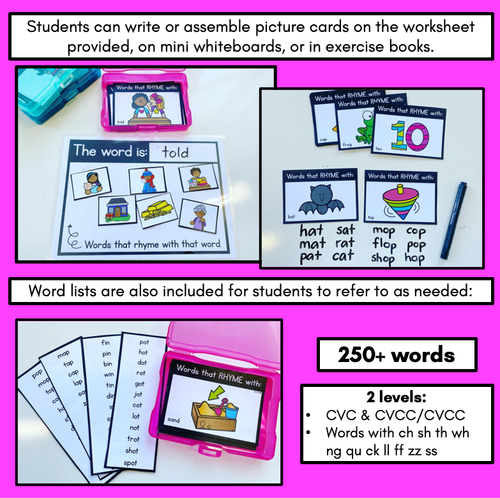 Resource preview 4 for RHYME TASK CARDS - Rhyming CVC & CVCC Words and words with consonant digraphs