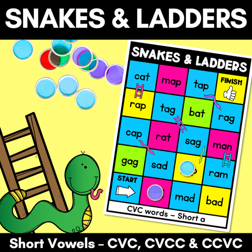 Resource preview 1 for Kindergarten Phonics Game for CVC Words and CVCC CCVC Words - Snakes & Ladders