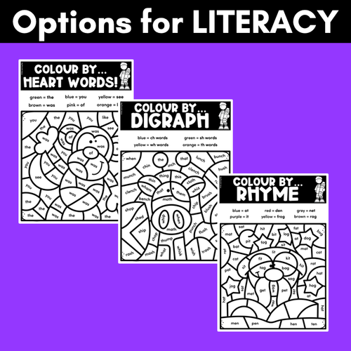 Resource preview 3 for COLOUR BY... Heart Words, Rhyme, Digraphs, Number, Addition, Subtraction & more