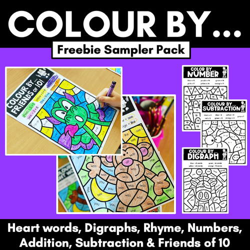 Resource preview 1 for COLOUR BY... Heart Words, Rhyme, Digraphs, Number, Addition, Subtraction & more