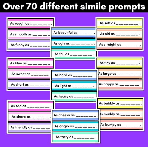 Resource preview 2 for Similes Task Cards - Simile Vocabulary Prompts for Descriptive Writing Lessons