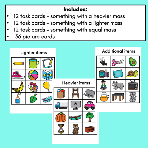 Resource preview 4 for Mass Task Cards - Heavier, Lighter or Similar Mass with Pan Balances