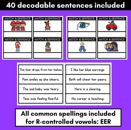 Resource preview 2 for R-Controlled Vowels EER Phoneme Decodable Sentences - Read & Match