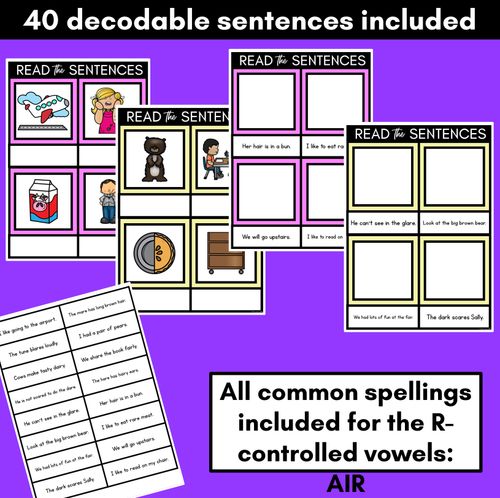 Resource preview 2 for R-Controlled Vowels AIR Phoneme Decodable Sentence Mats - Read & Match