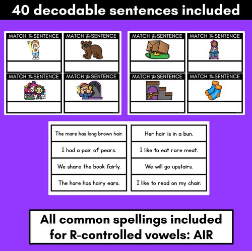 Resource preview 2 for R-Controlled Vowels AIR Phoneme Decodable Sentences - Read & Match