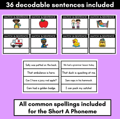 Resource preview 2 for Short A Phoneme Decodable Sentence Mats - Read & Match