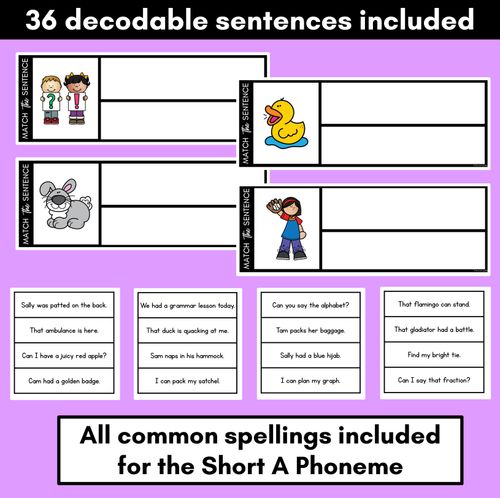 Resource preview 2 for Short A Phoneme Decodable Sentences - Read, Match & Write