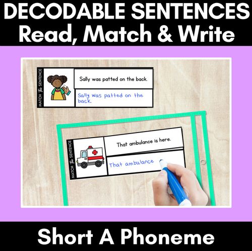 Resource preview 1 for Short A Phoneme Decodable Sentences - Read, Match & Write