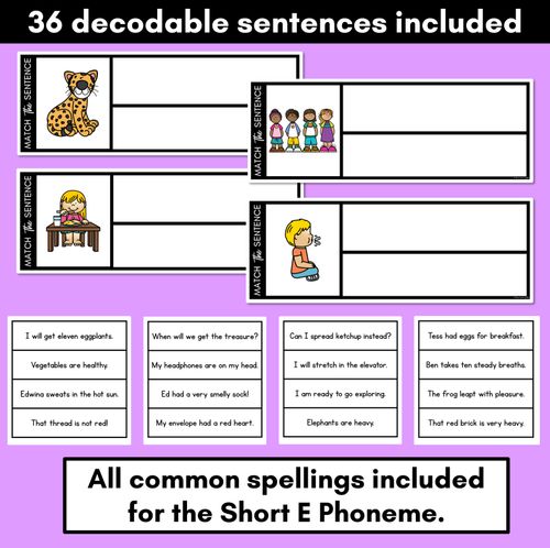 Resource preview 2 for Short E Phoneme Decodable Sentences - Read, Match & Write