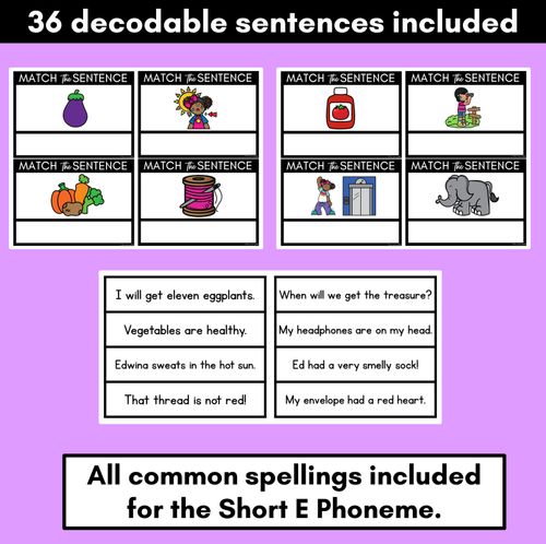 Resource preview 2 for Short E Phoneme Decodable Sentences - Read & Match