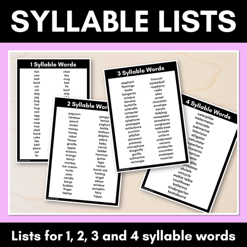 Resource preview 1 for Syllable Words for Kindergarten and Grade 1 - Syllable Word Lists