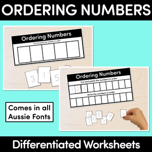 Ordering Numbers 1-5, 1-10 and 11-20 - Differentiated Cut & Paste Worksheets