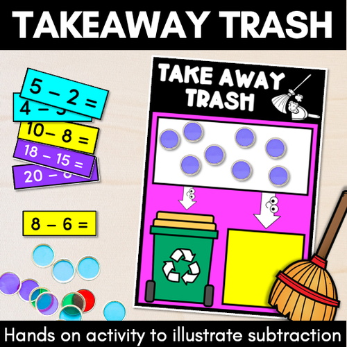 Resource preview 1 for Subtraction Game for Kindergarten- Take away from 6, 10 or 20 - Takeaway Trash