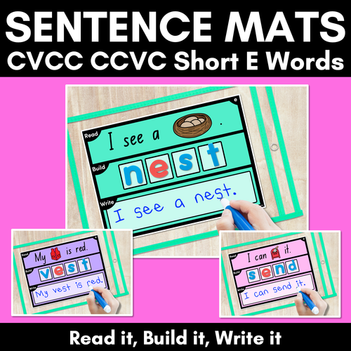 Resource preview 1 for DECODABLE SENTENCE MATS WITH CVCC CCVC Short E WORDS: Read It, Build It, Write It