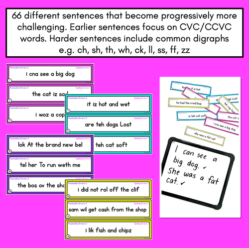 Resource preview 3 for SENTENCE EDITING TASK CARDS - Decodable CVC, CCVC CCVC & Consonant Digraph Sentences