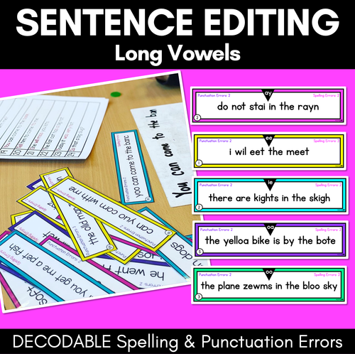 Resource preview 1 for SENTENCE EDITING TASK CARDS - Long Vowel Decodable Sentences