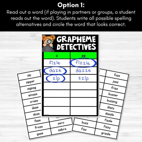 Resource preview 2 for Consonant Sound Z Words Game - Z Phoneme Decodable Words Activity -  Grapheme Detectives