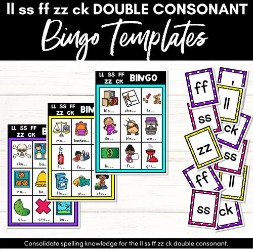 Resource preview 1 for LL, SS, FF, ZZ, CK, DOUBLE CONSONANT BINGO - Consonant Digraphs Game