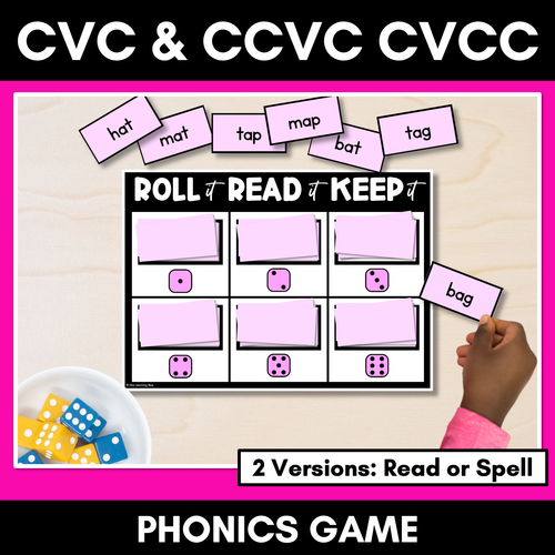 Resource preview 1 for CVC & CVCC WORDS PHONICS GAME - Roll It Read It Keep It OR Roll It Spell It Keep It with decodable words