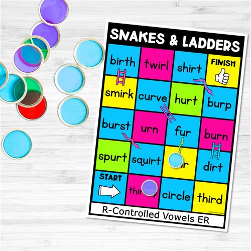 Resource preview 4 for Phonics Game for R-Controlled Vowels ER Words - Snakes & Ladders