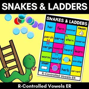 Phonics Game for R-Controlled Vowels ER Words - Snakes & Ladders