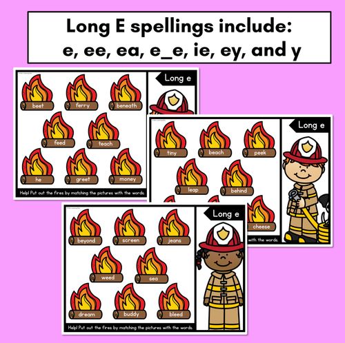 Resource preview 3 for LONG VOWEL E WORD GAMES - Firefighter Themed Phonics Activities