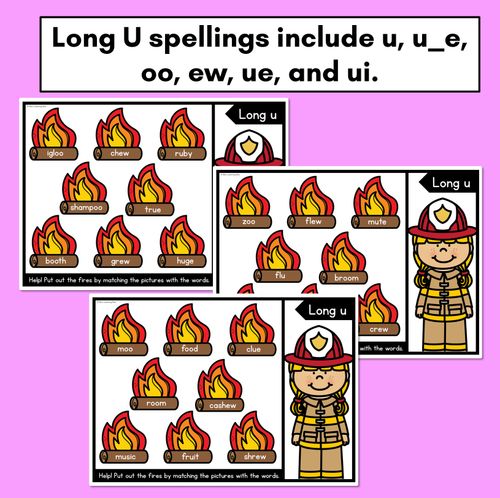 Resource preview 3 for LONG VOWEL U WORD GAMES - Firefighter Themed Phonics Activities