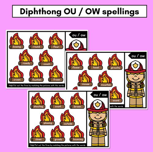 Resource preview 3 for DIPHTHONG OU OW WORD GAMES - Firefighter Themed Phonics Activities