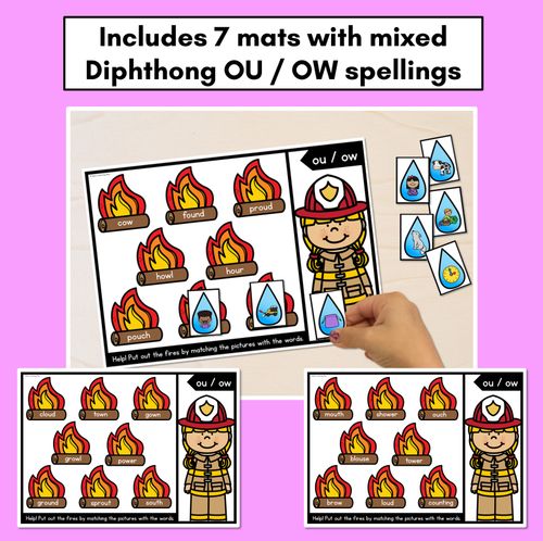 Resource preview 2 for DIPHTHONG OU OW WORD GAMES - Firefighter Themed Phonics Activities