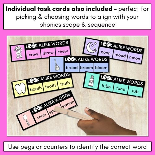 Resource preview 3 for LOOKALIKE WORDS with LONG U Words - LONG VOWEL U Words - Task Cards & Printables