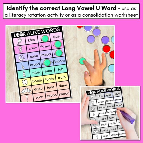 Resource preview 2 for LOOKALIKE WORDS with LONG U Words - LONG VOWEL U Words - Task Cards & Printables