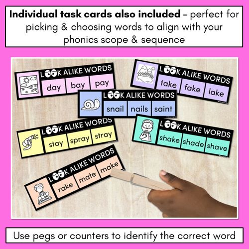 Resource preview 3 for LOOKALIKE WORDS with LONG A Words - LONG VOWEL A Words - Task Cards & Printables