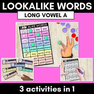 LOOKALIKE WORDS with LONG A Words - LONG VOWEL A Words - Task Cards & Printables