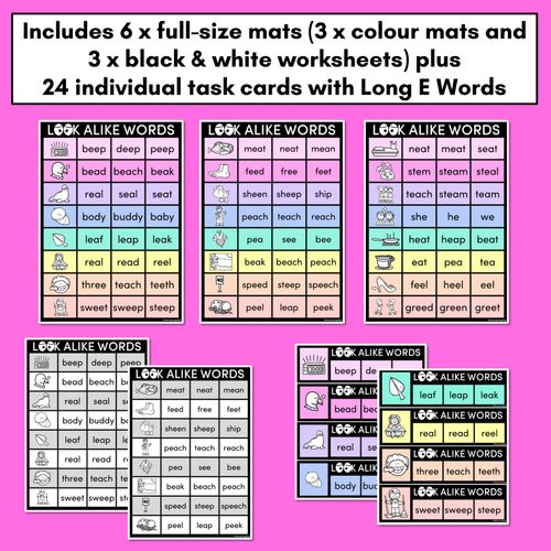 Resource preview 4 for LOOKALIKE WORDS with LONG E Words - LONG VOWEL E Words - Task Cards & Printables